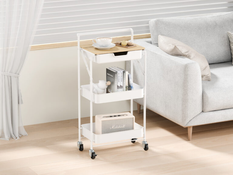 Carrito auxiliar plegable con cajón y mesa Blanco