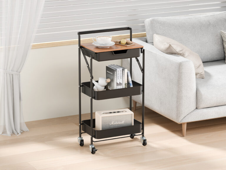 Carrito auxiliar plegable con cajón y mesa Negro
