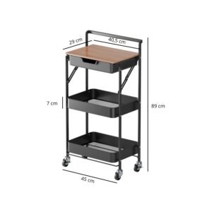 Carrito auxiliar plegable con cajón y mesa Negro
