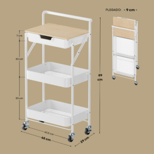 Carrito auxiliar plegable con cajón y mesa Blanco