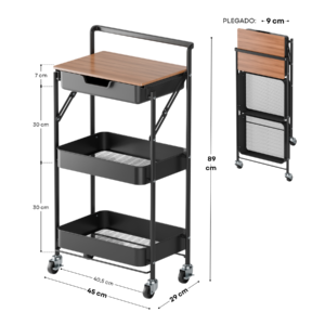 Carrito auxiliar plegable con cajón y mesa Negro